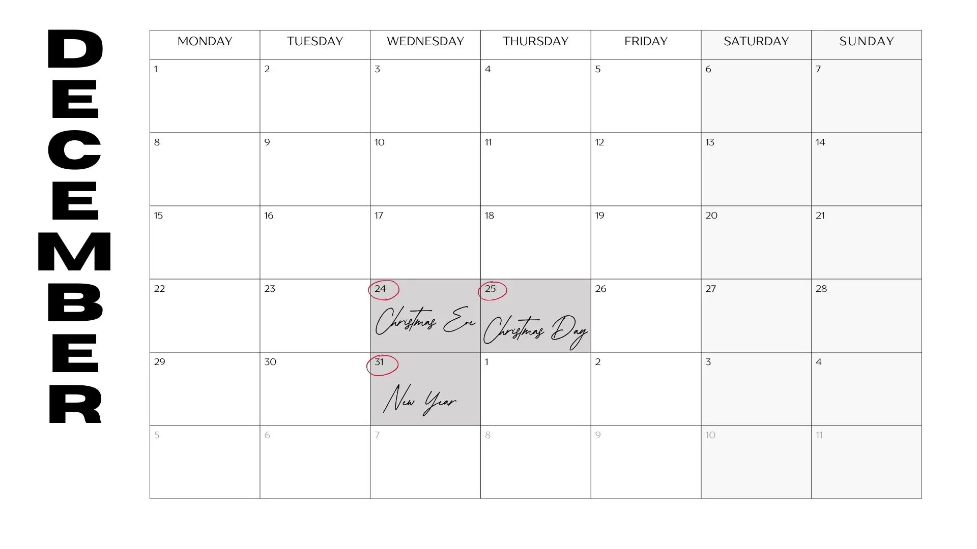 December 2025 calendar preview